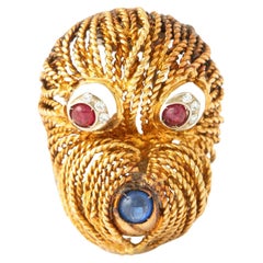 Dog's Head Yellow Gold 18K Ruby Sapphire Diamond Brooch 1960S