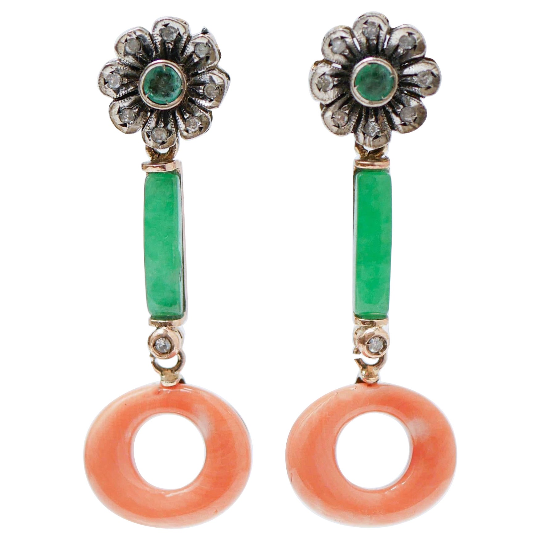 Coral, Diamonds, Emeralds, Jade, Rose Gold and Silver Earrings. For Sale