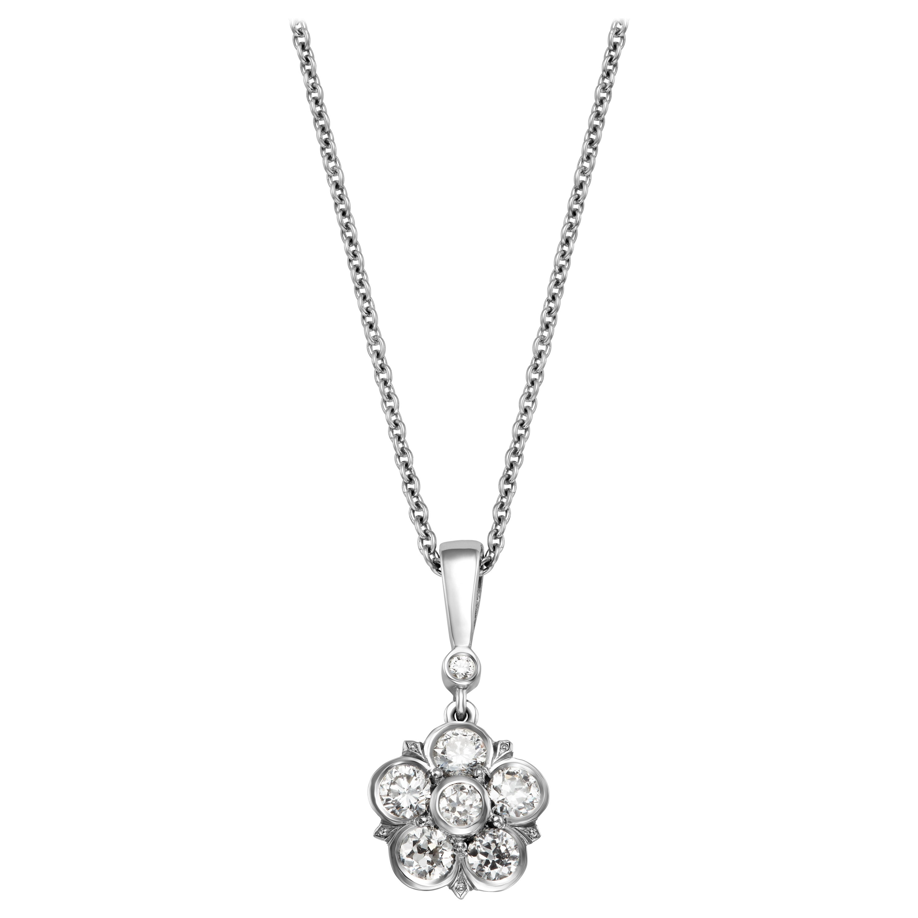 Old Cut Diamond Rose Floral Platinum Pendant Necklace For Sale