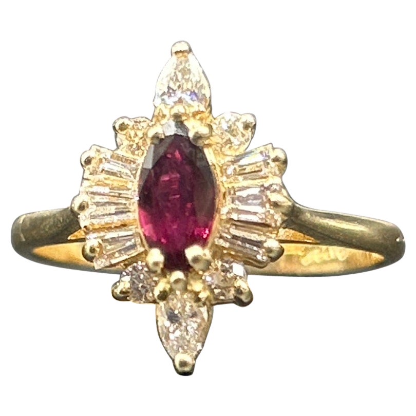 14k Yellow Gold Ruby & Apx 7/10 CTW Pear Diamond Ring Size 6.5 For Sale