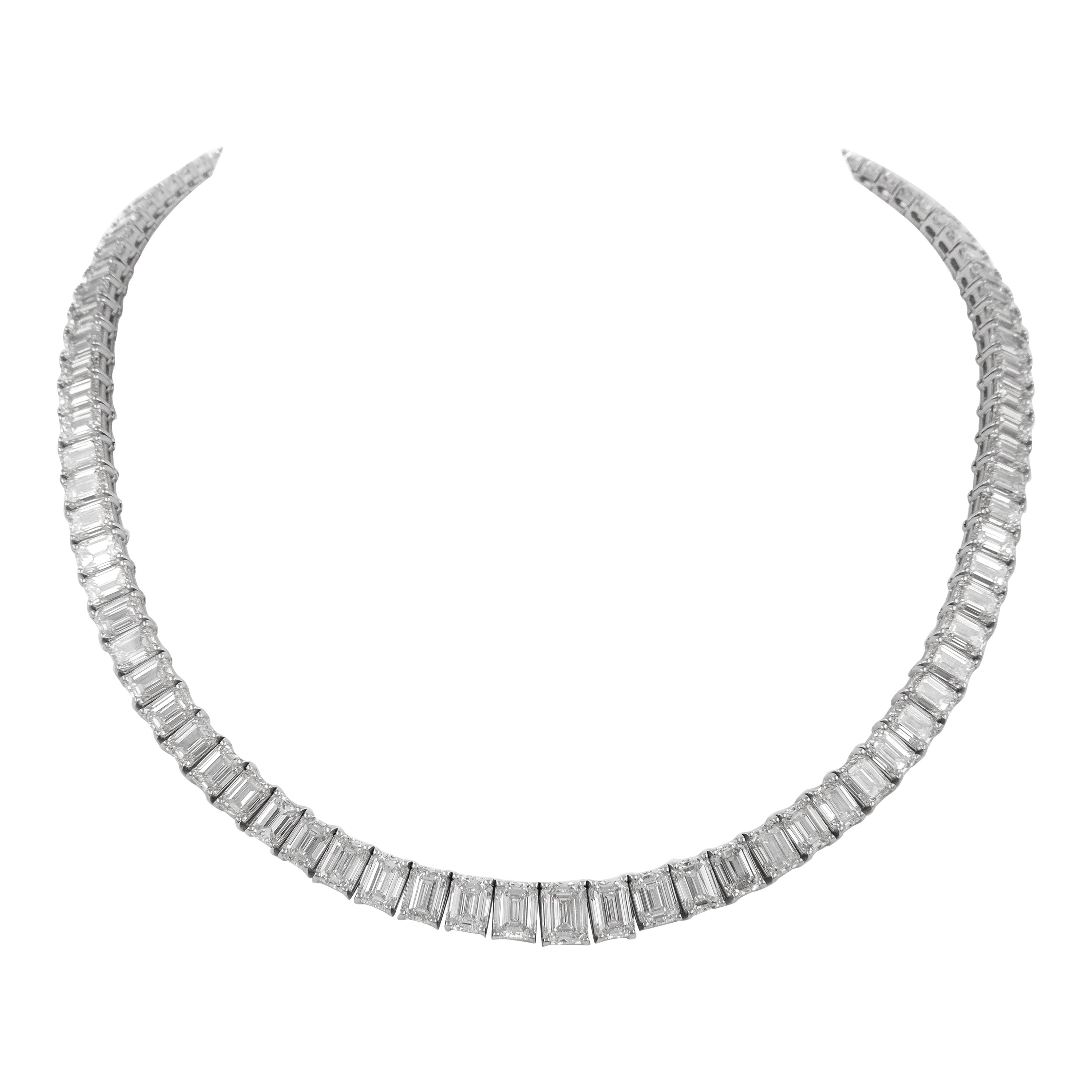 Alexander GIA 55.79 Carat Emerald Cut Diamond Tennis Necklace 18k White Gold For Sale