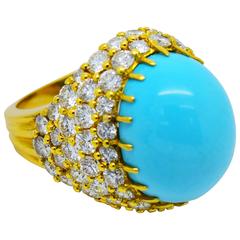 Vintage Fine Yellow Gold Persian Turquoise and Diamond Cocktail Bombe Ring