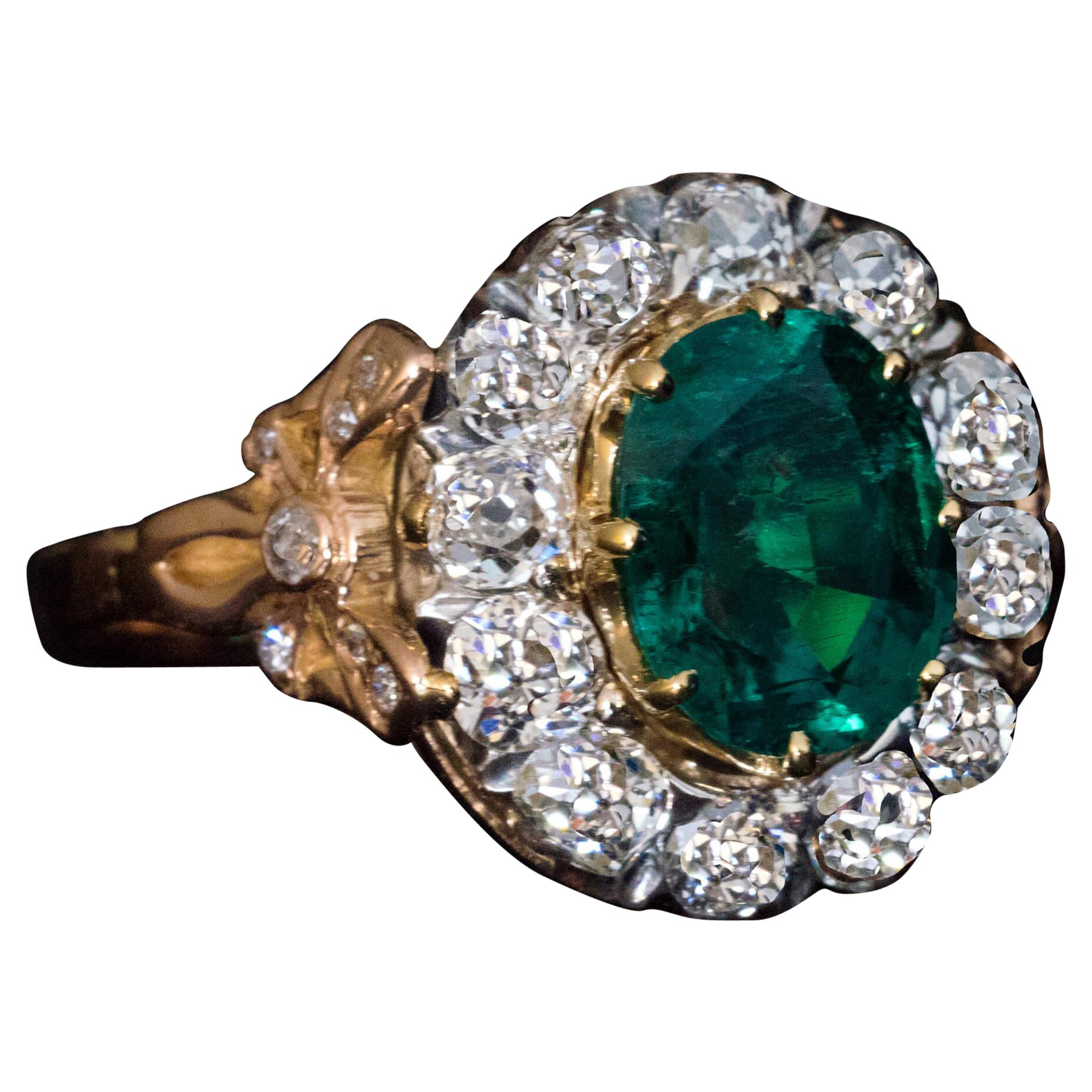Colombian Emerald Diamond Antique Engagement Ring For Sale