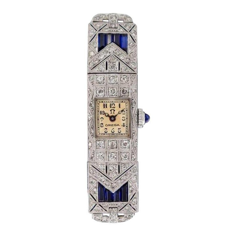 Omega Ladies White Gold Sapphire Diamond Art Deco Watch, circa 1930s In Excellent Condition For Sale In Long Beach, CA