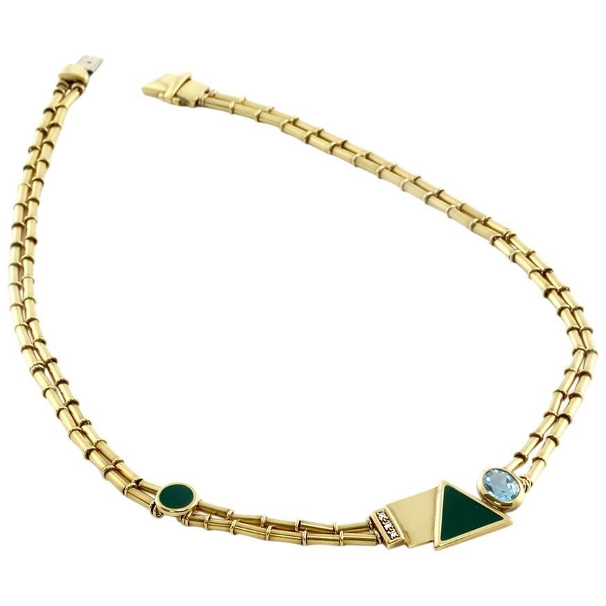 Manfredi Topaz, Pavé Diamond, Green Enamel and Gold Necklace For Sale