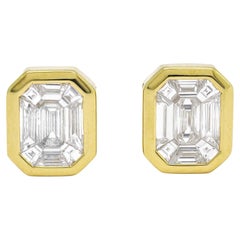 Natural Diamond 1.10 ct Bezel Set Illusion 18 Karat Yellow Gold Stud Earrings