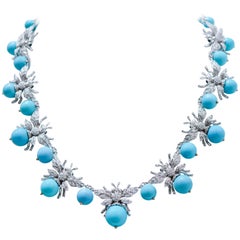 Magnesite, saphirs, diamants, collier abeille en or blanc 14 carats