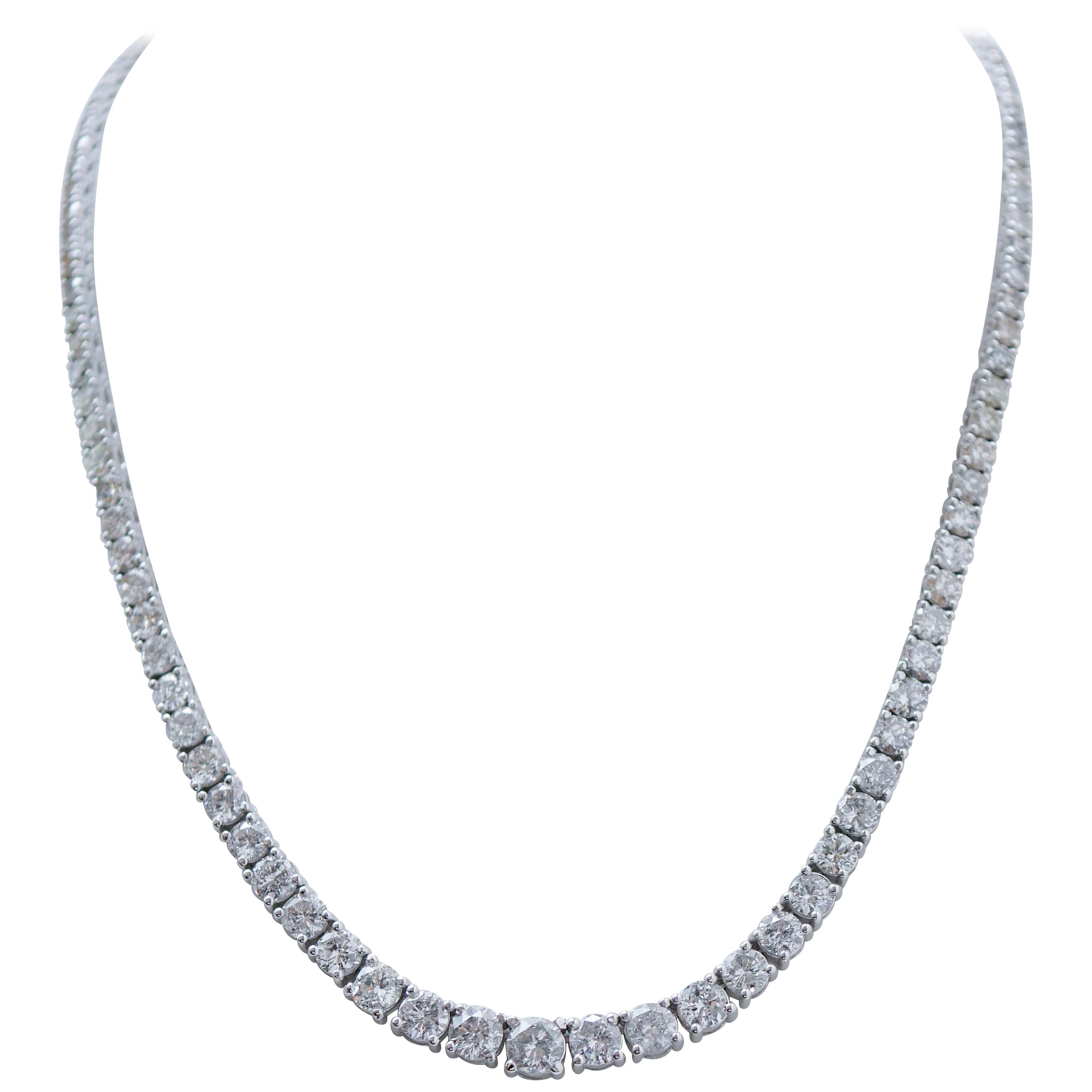 26.46 Carats Diamonds, 18 Karat White Gold Tennis Necklace. For Sale