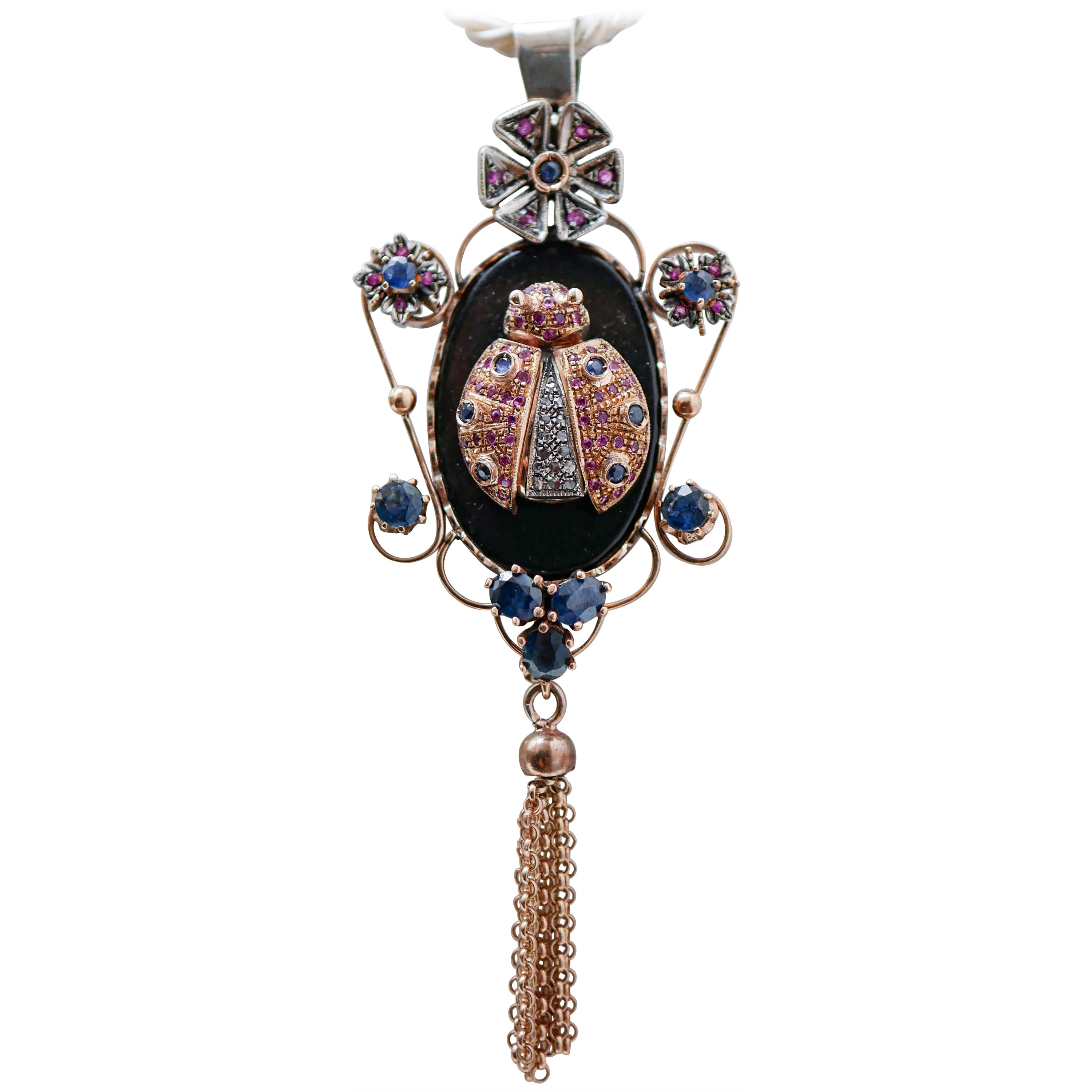 Sapphires, Rubies, Diamonds, Onyx, Rose Gold and Silver Brooch/Pendant Necklace. For Sale
