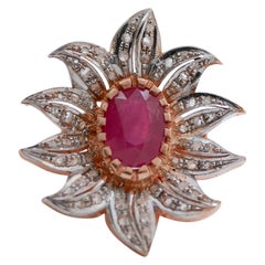 Retro Ruby, Diamonds, Rose Gold and Silver Flower Ring.