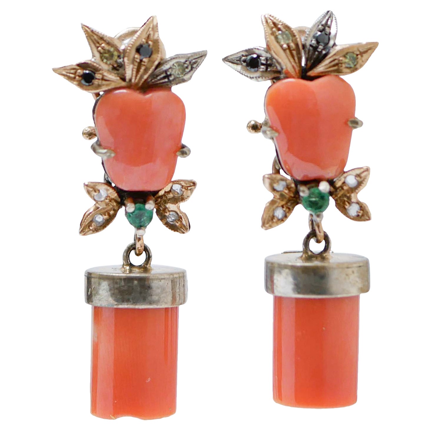 Coral, Emeralds, Diamonds, Rose Gold and Silver Earrings. For Sale