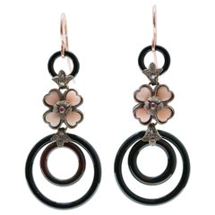 Retro Coral, Onyx, Diamonds, Rubies, Rose Gold and Silver Earrings.