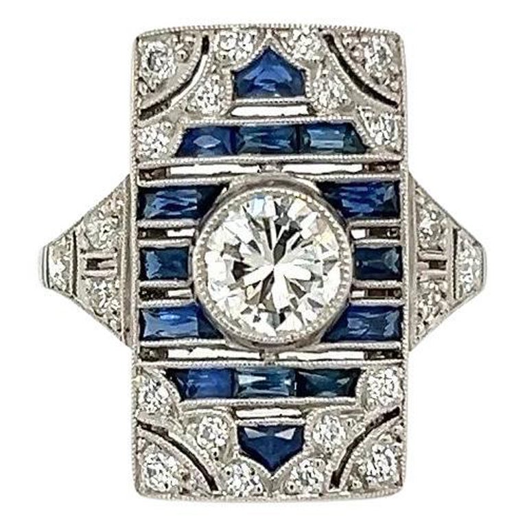 Vintage Diamond and Sapphire Platinum Art Deco Revival Cocktail Ring For Sale