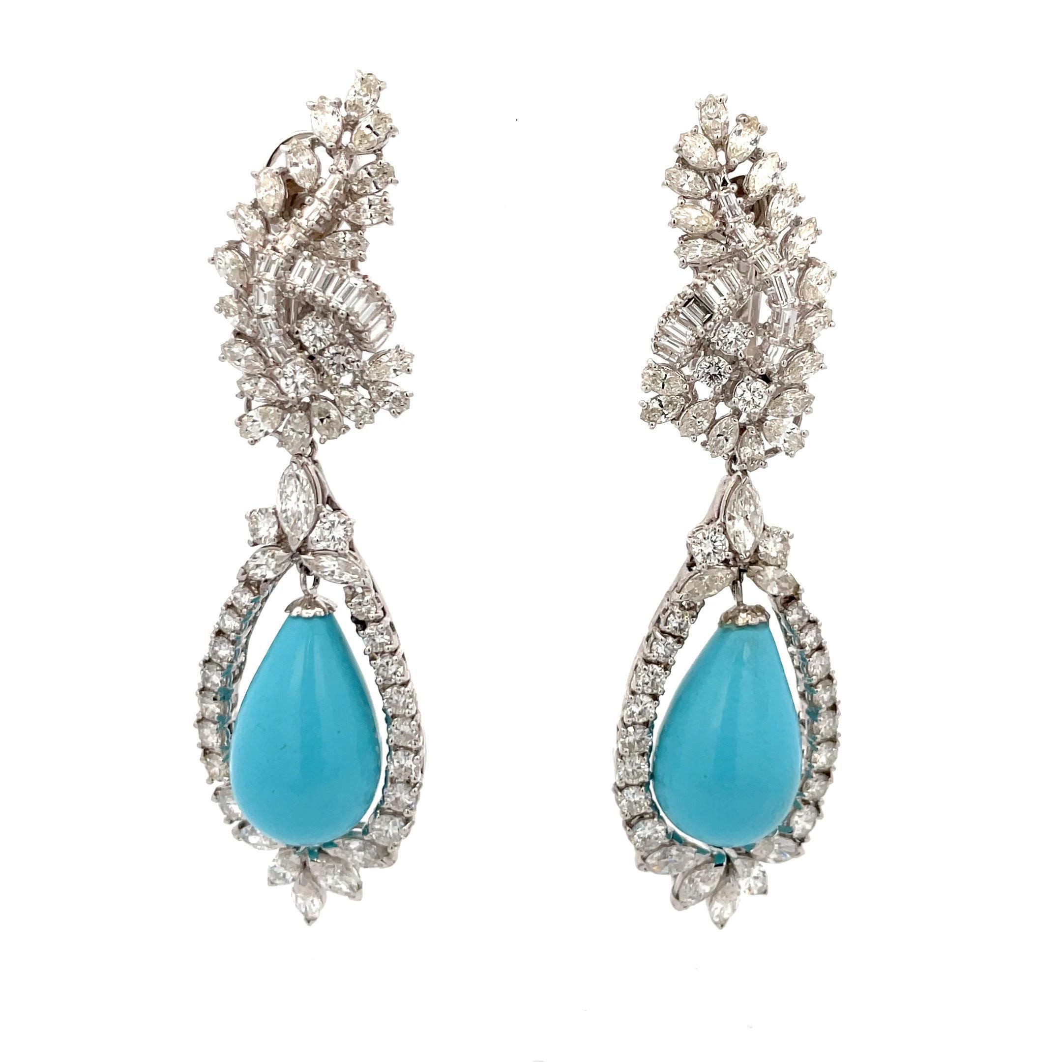 Circa 1960s Vintage Diamond Turquoise Drop Earring 9.85 Carats Platinum For Sale