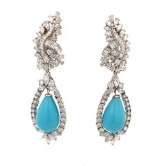 Circa 1960s Retro Diamond Turquoise Drop Earring 9.85 Carats Platinum