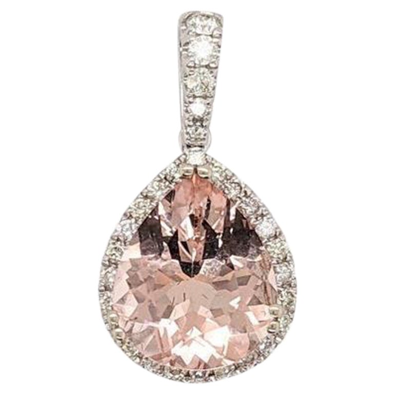 Peach Morganite Pendant w Diamond Accents in Solid 14K White Gold Pear 11x9mm For Sale