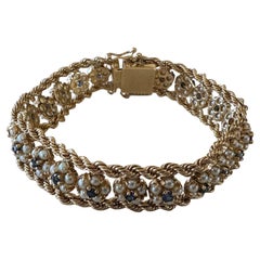 Mid-Century 14K Yellow Gold Pearl and Sapphire Rosette Rope Chain Bracelet