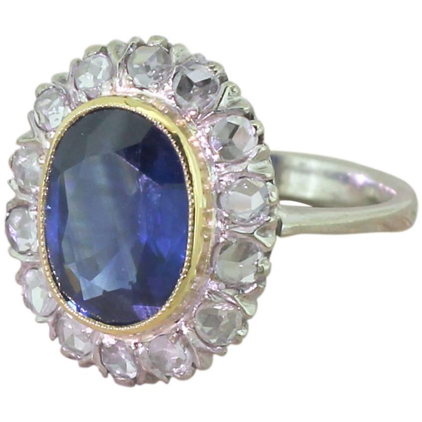 Mid Century Natural Sapphire & Rose Cut Diamond Cluster Ring For Sale
