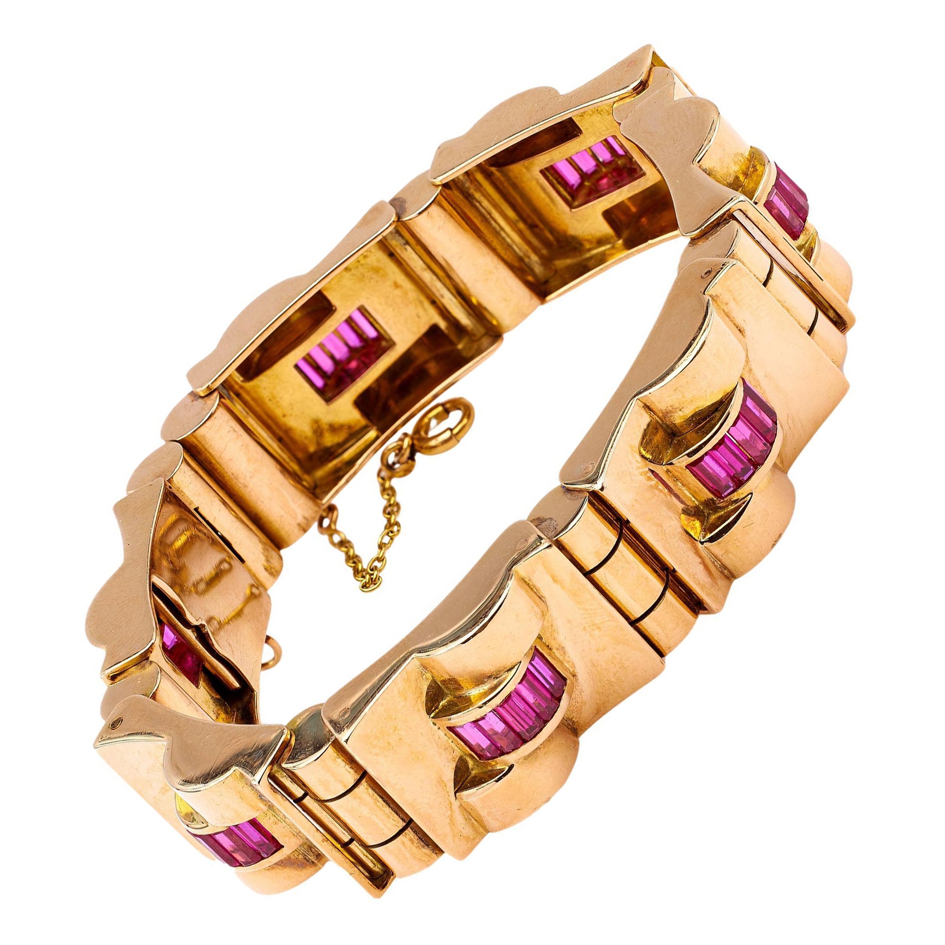 Retro French Synthetic Ruby 18k Yellow Gold Link Tank Bracelet For Sale