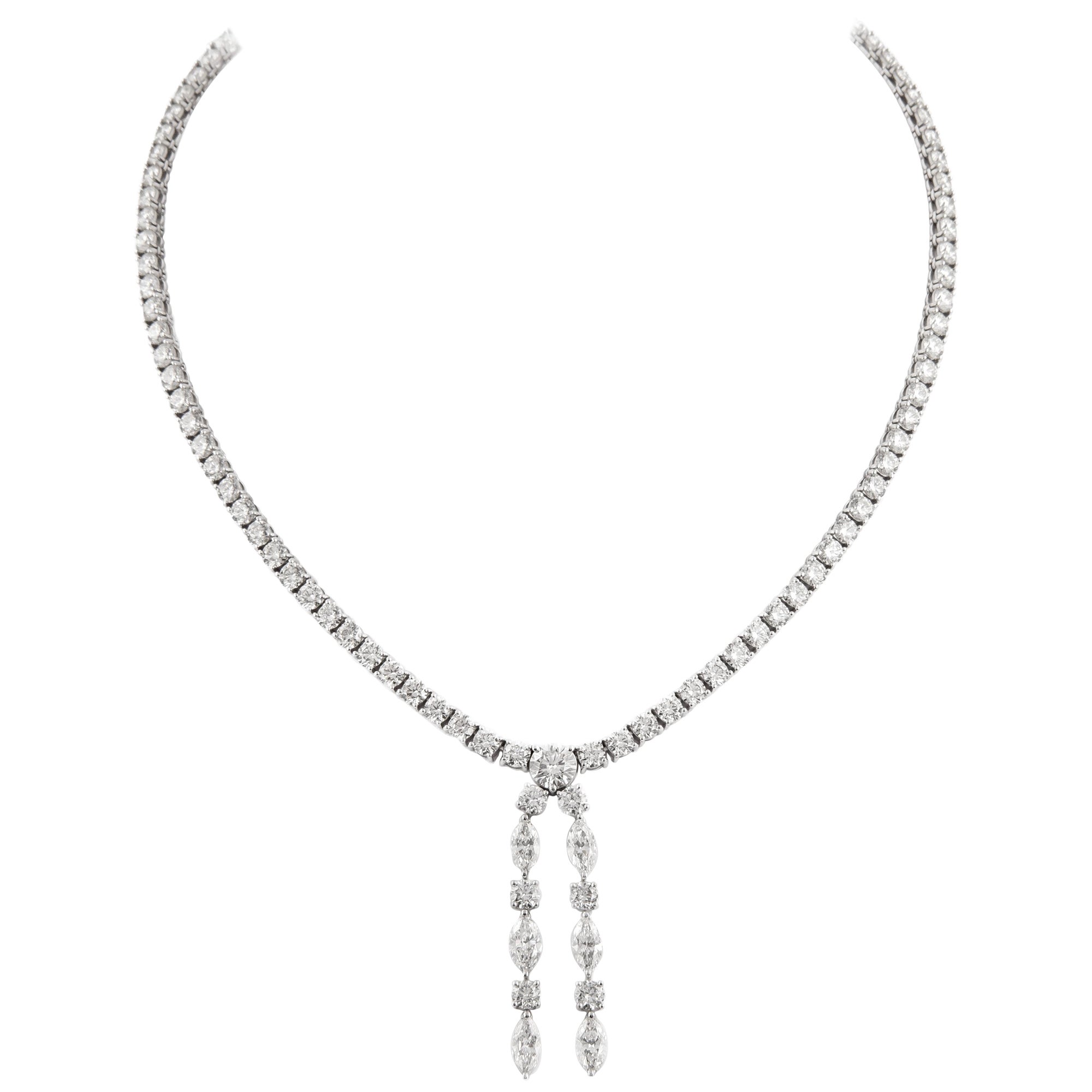 Alexander GIA 23.21ct Round & Marques Diamond Drop Tennis Necklace 18k Gold