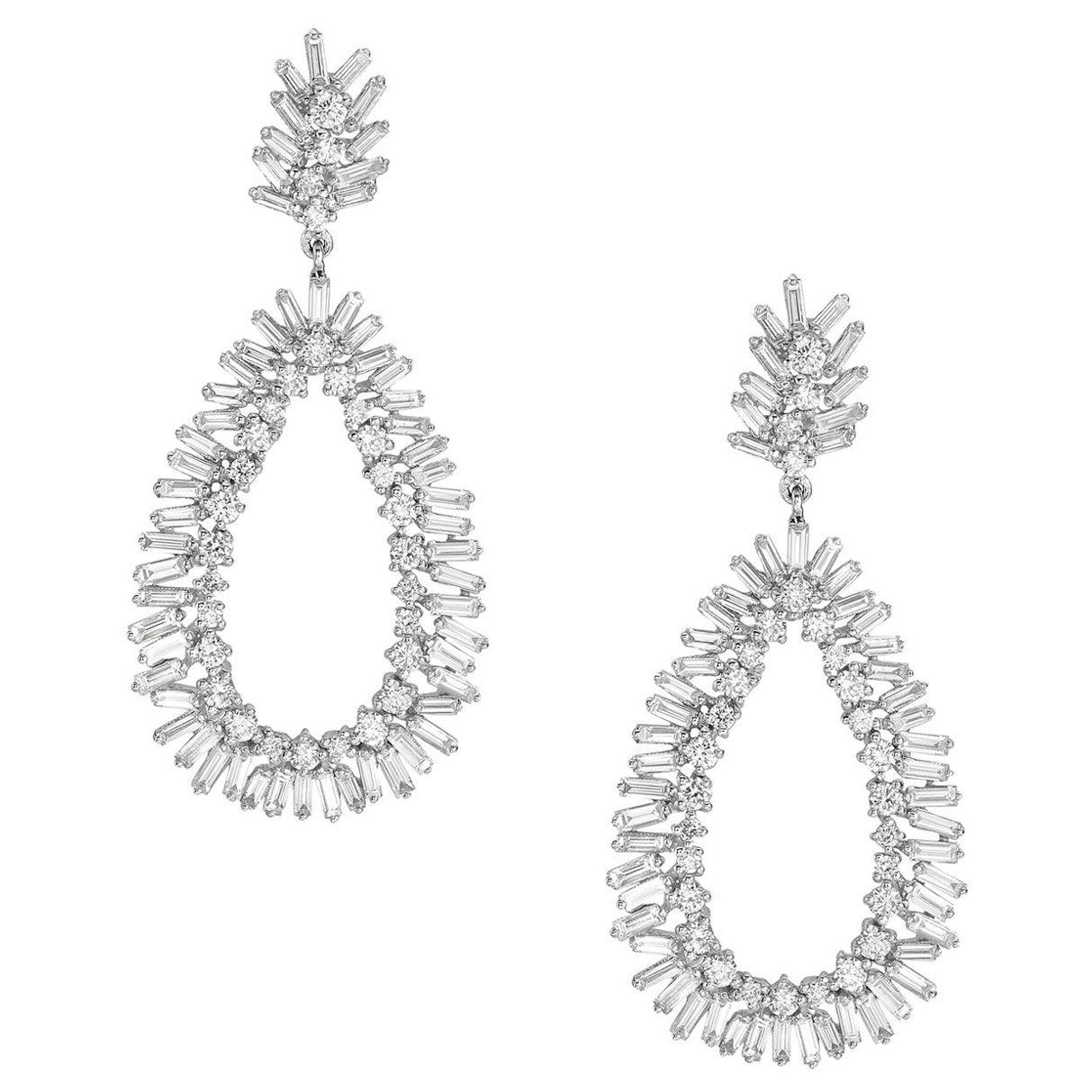 White Diamond Baguette Brilliance Dangle Earrings Made In 18k Gold For Sale