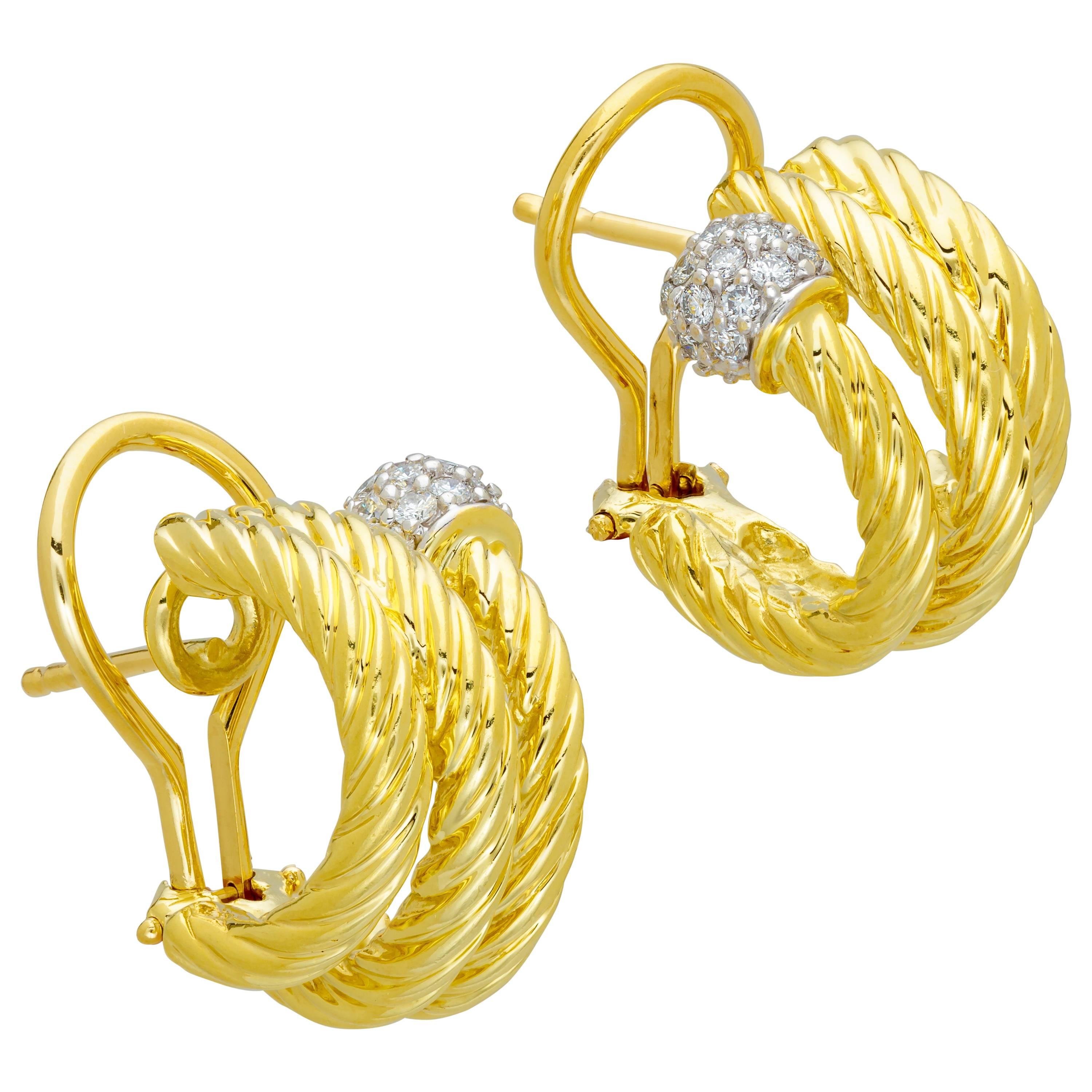 David Yurman Cable Earrings, 18 Karat Yellow Gold, Pave Diamonds, Omega Clasp For Sale