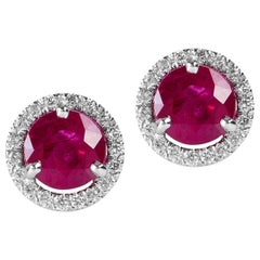 Vivid Round 2.08 Carat Burma Ruby and Diamond Pave Stud Earrings