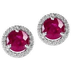 Vivid Round Burma Rubies Gold Halo Style Post Earrings 11