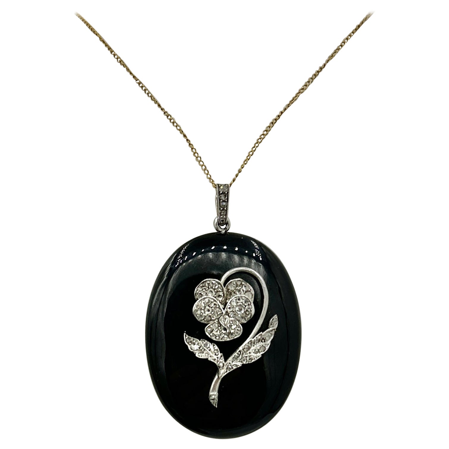 Art Deco Locket Rose Cut Diamond Platinum Pansy Flower Black Onyx Pendant For Sale