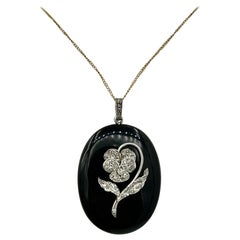 Vintage Art Deco Locket Rose Cut Diamond Platinum Pansy Flower Black Onyx Pendant