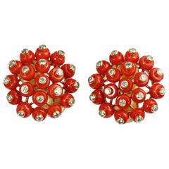 Mediterranean Coral Diamond Gold Earrings 