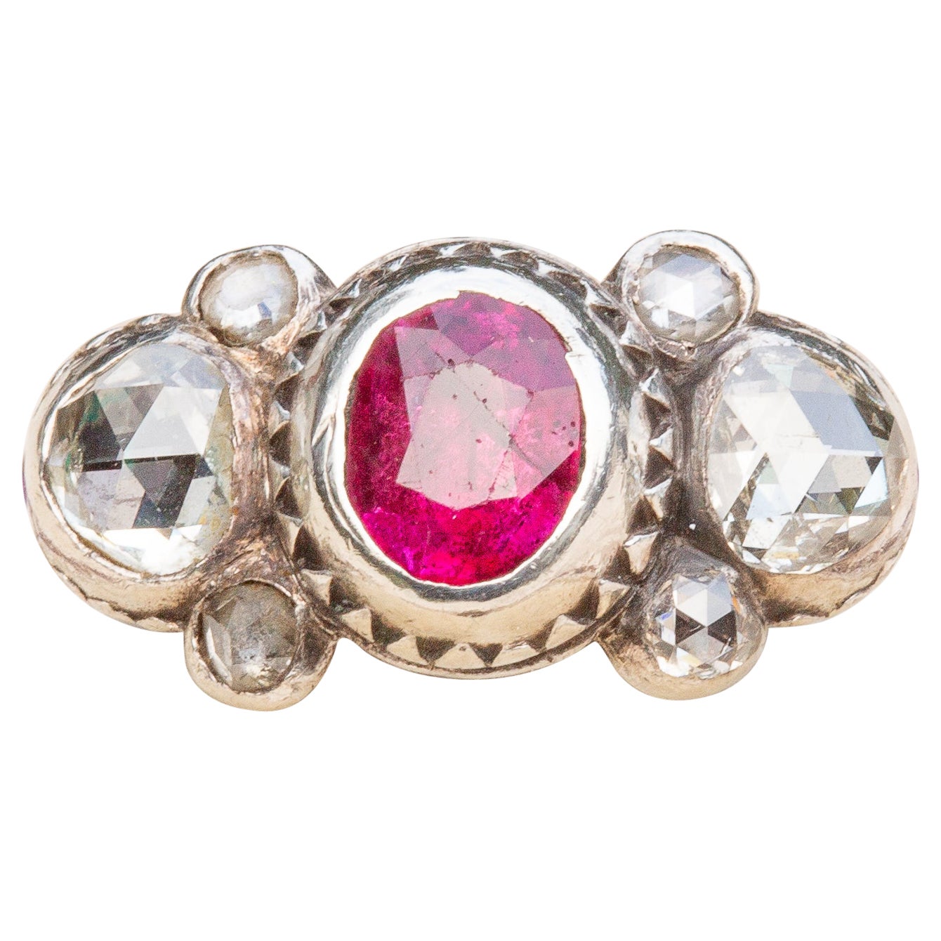 Scarce Baroque Ruby and Rose Cut Diamond Cluster Ring Bow Circa 1700 For Sale