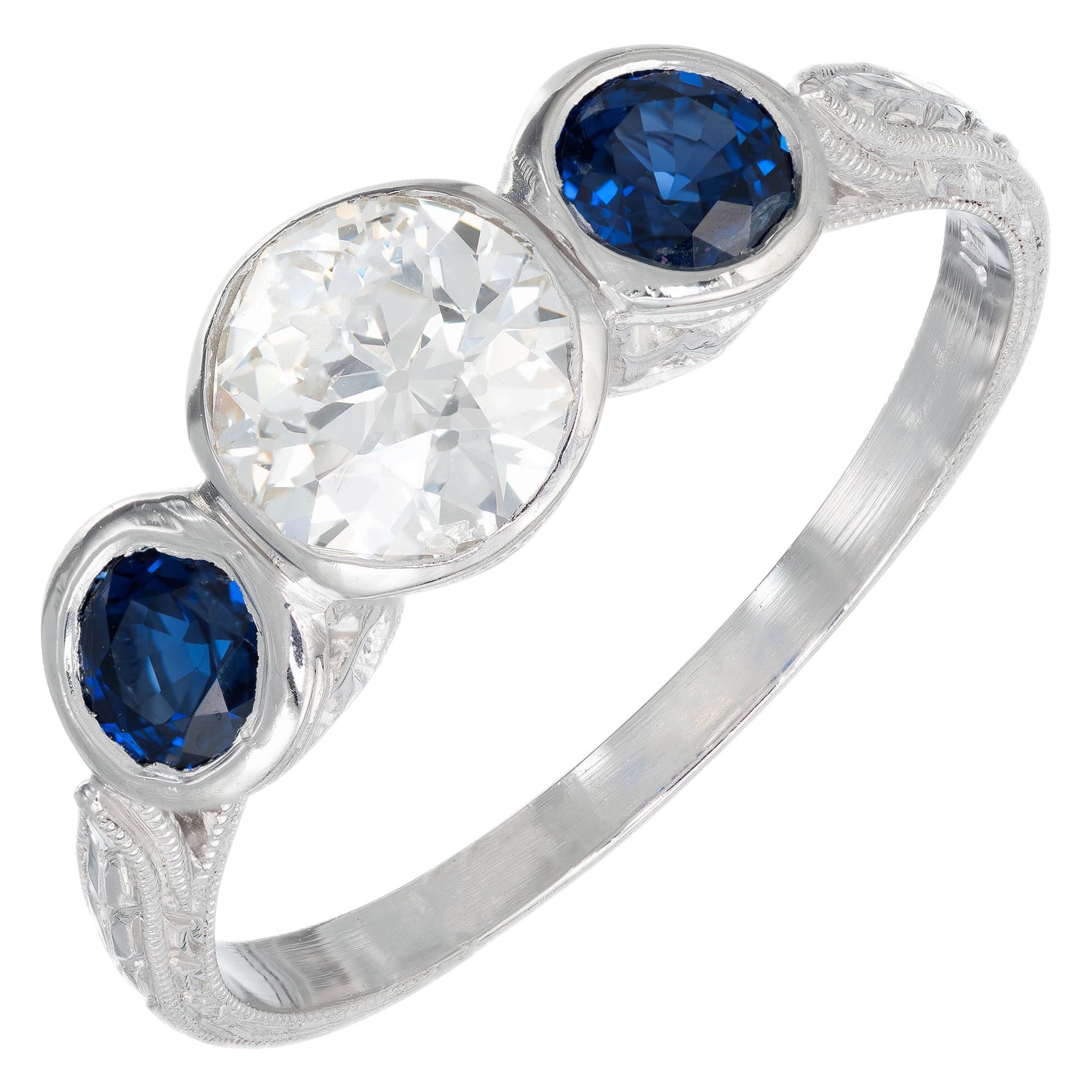 1,27 Karat Diamant Saphir durchbohrt Drei-Stein Art Deco Verlobungsring