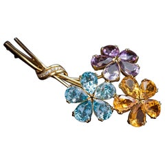 Vintage Amethyst Citrine Topaz Diamond Gold Flower Brooch