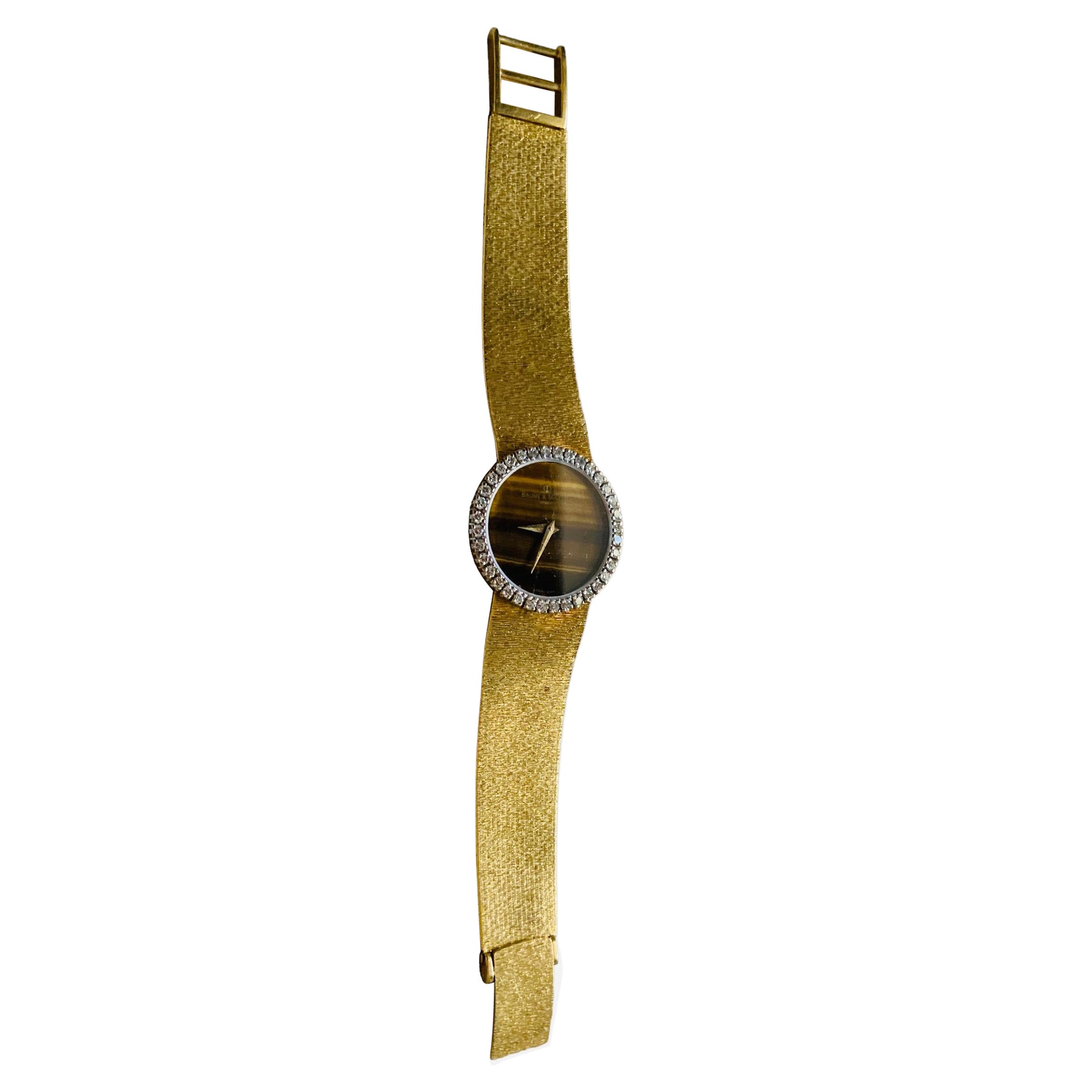 18K Yellow Gold Tiger Eye Baume & Mercier Women Wrist Watch For Sale