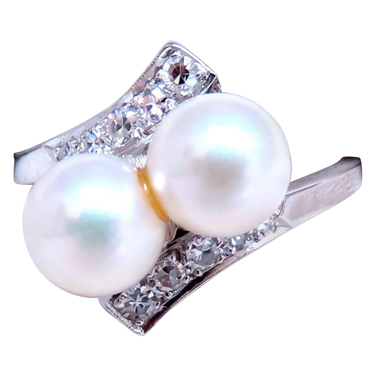 6.5mm Natural White Cultured Pearl Diamonds Rings 14kt For Sale