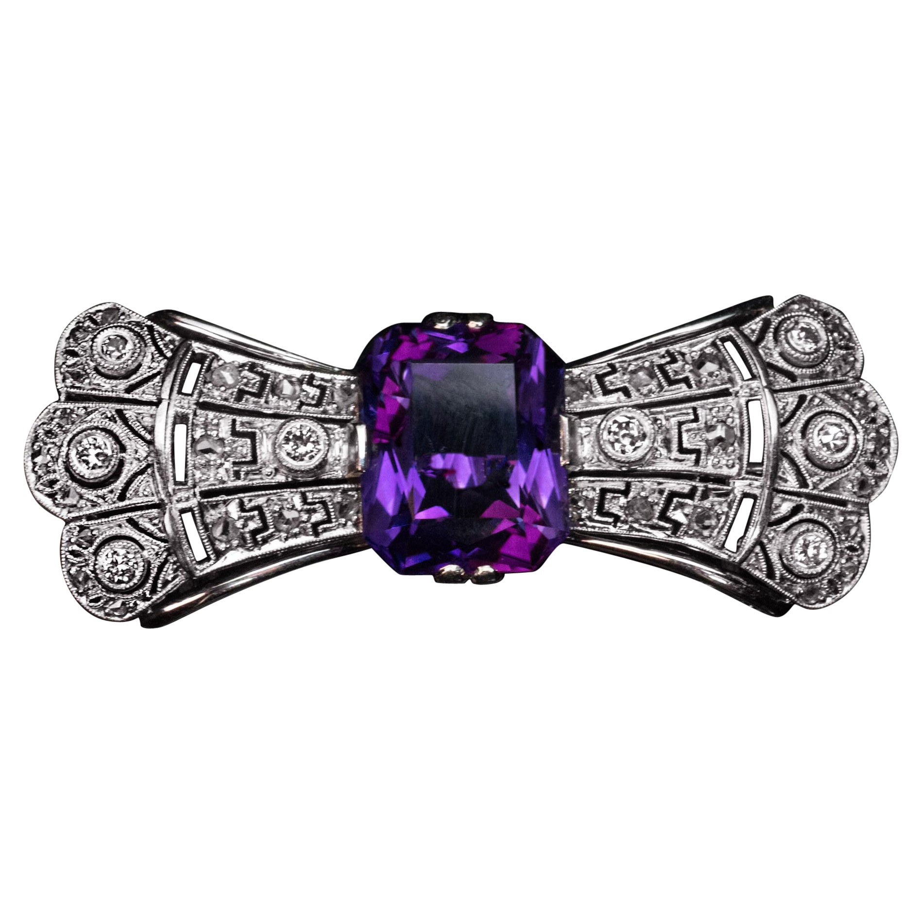 Art Deco Vintage Amethyst Diamond White Gold Bow Brooch For Sale