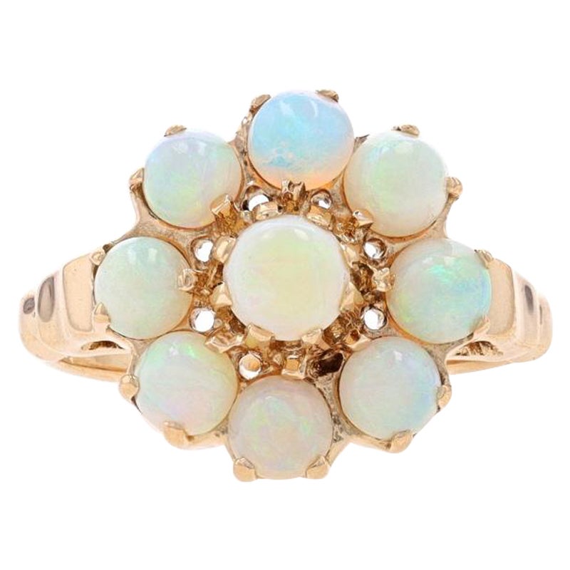 Yellow Gold Opal Vintage Cluster Halo Cocktail Ring - 10k Round Cabochon Flower For Sale