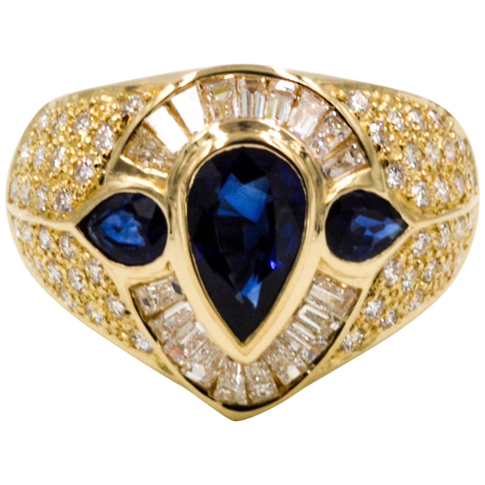 1.94 ct Blue Sapphires 1.12 ctw Diamonds 18 Karat Yellow Gold Ring