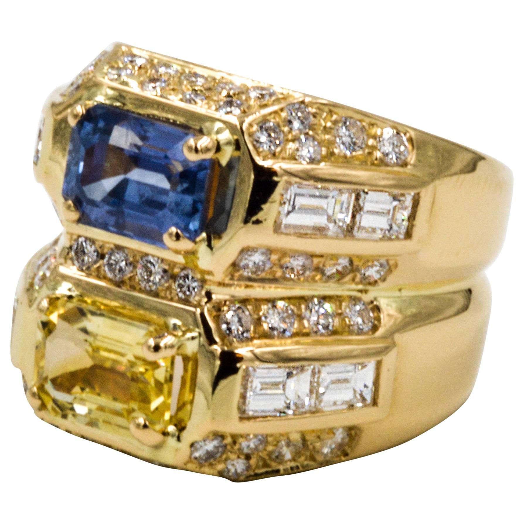 Twin Contrasting Yellow and Blue Sapphire 18 Karat Yellow Gold and Diamond Ring