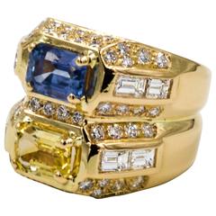 Twin Contrasting Yellow and Blue Sapphire 18 Karat Yellow Gold and Diamond Ring 8