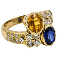 Twin Blue and Yellow Sapphire Diamond Ring