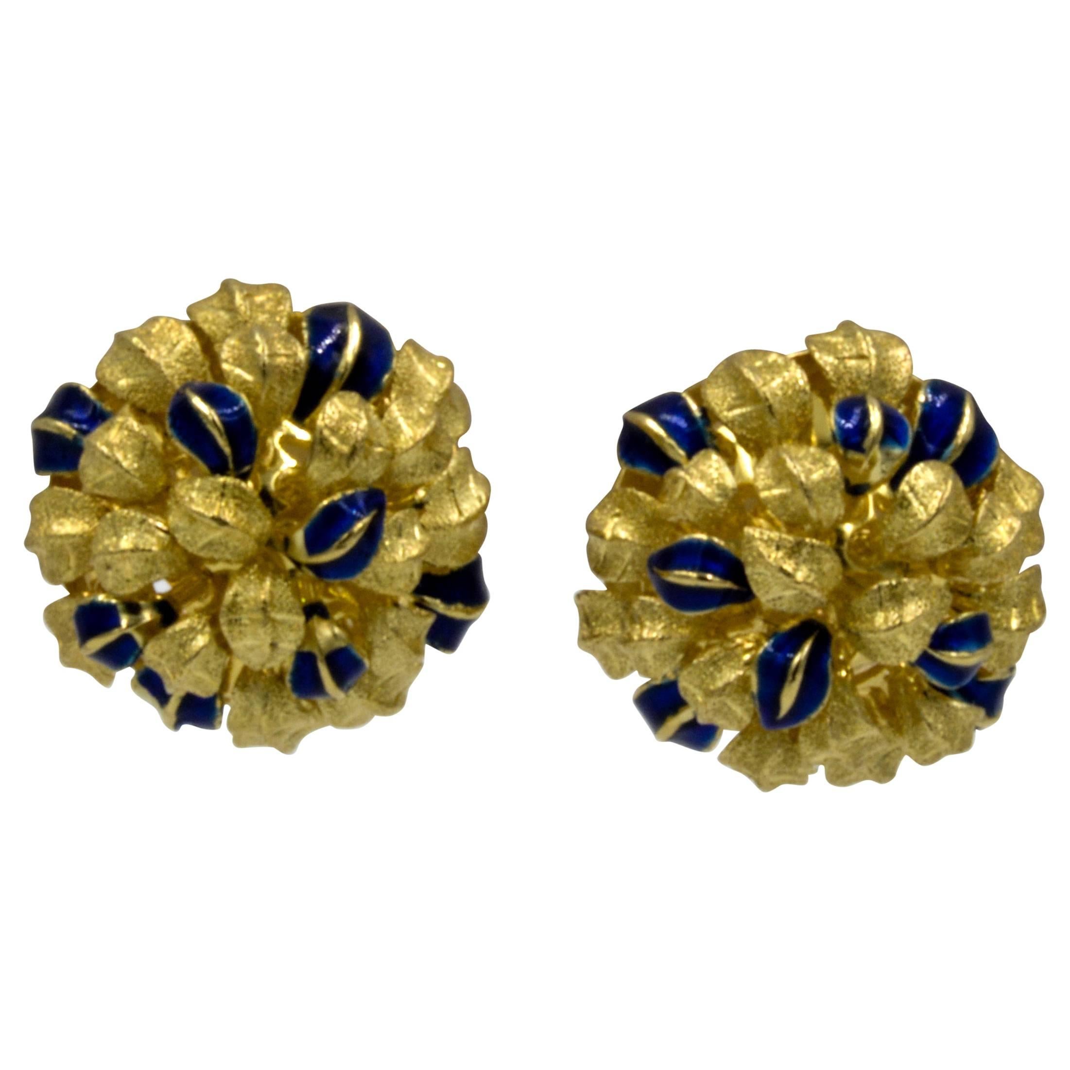Leaf Design 18 Karat Yellow Gold and Enamel Earrings