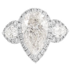 Alexander GIA 4ct Pear Shape Diamond Three Stone Ring 18k White Gold