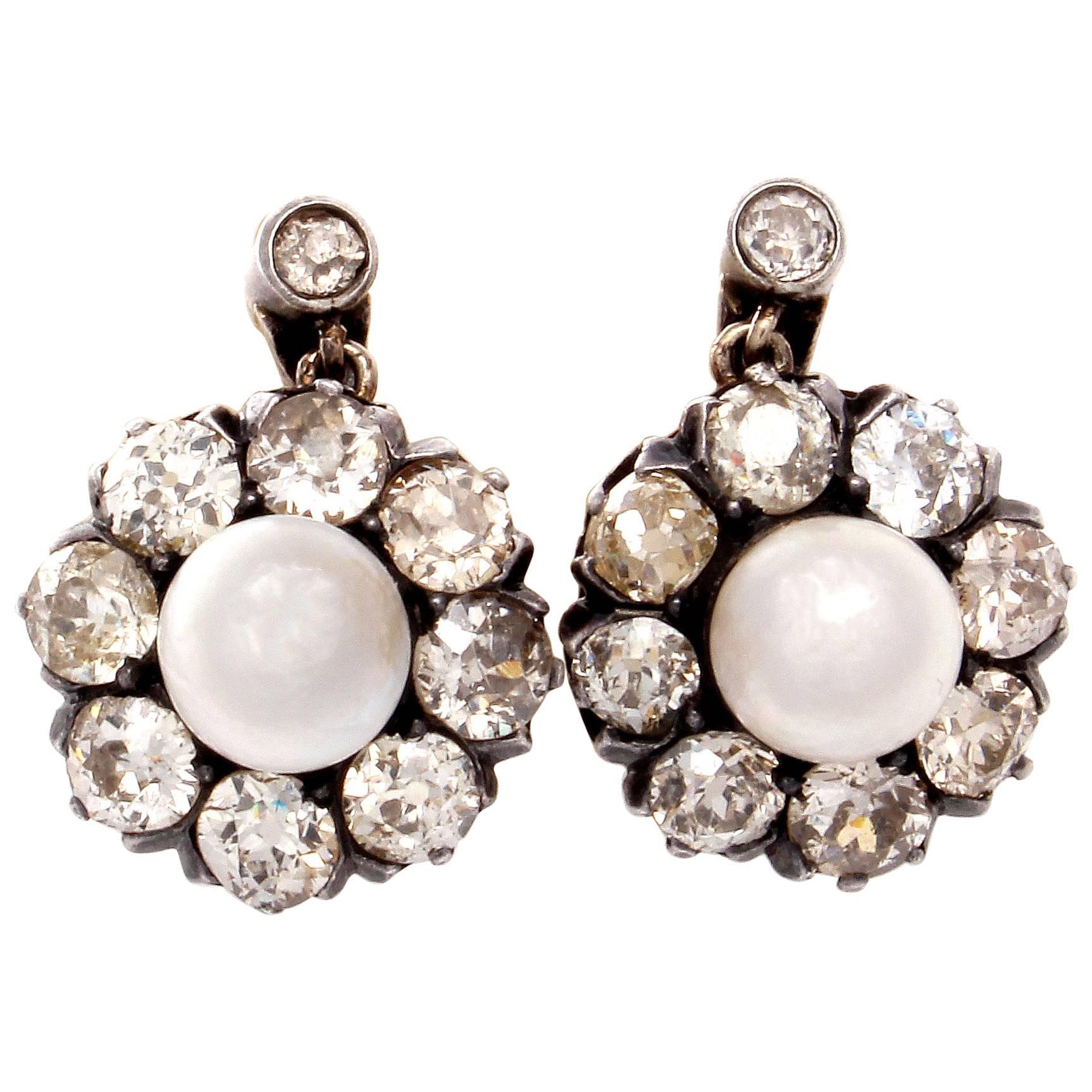 Victorian Natural Pearl Diamond Silver Gold Earrings