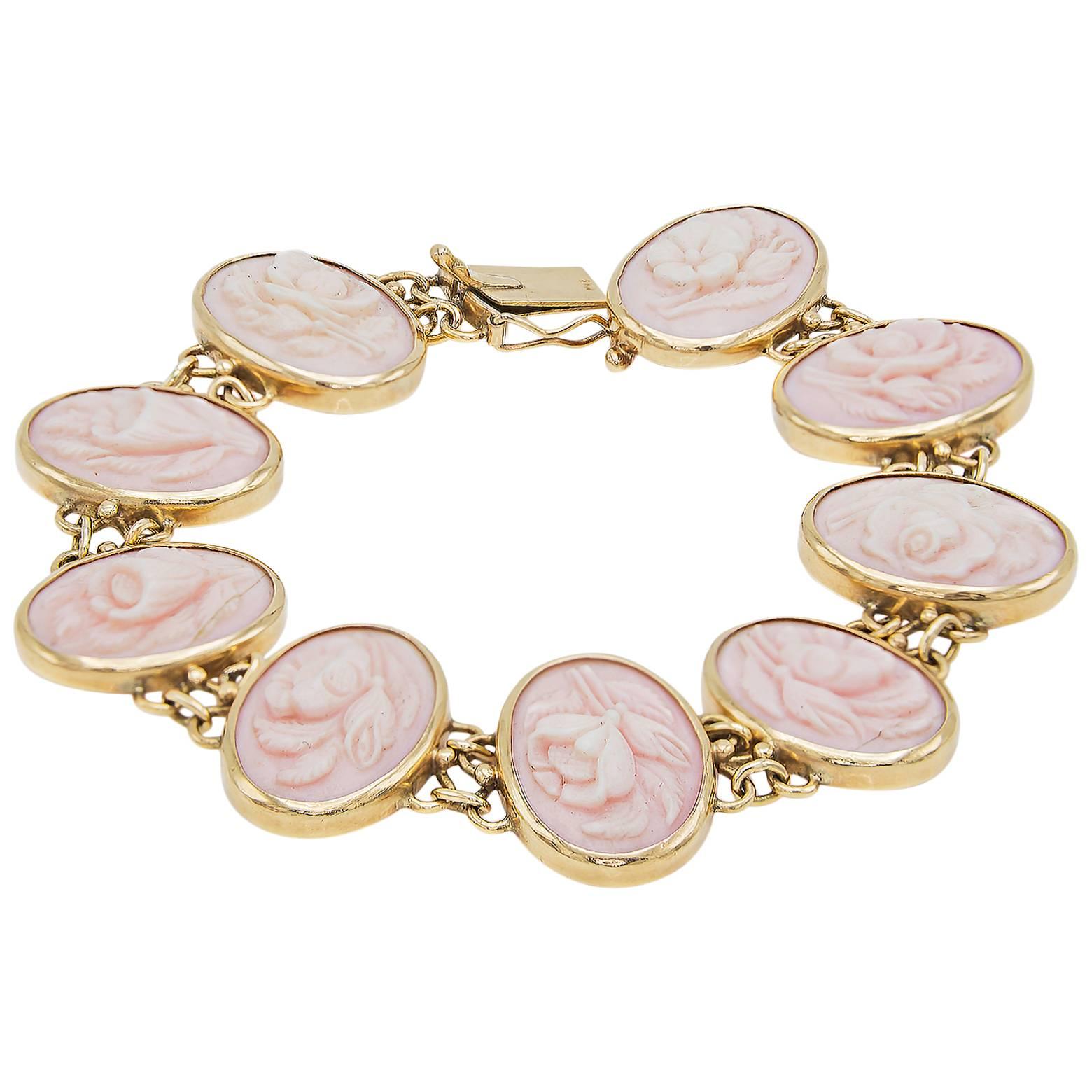 Conch Shell Cameo Bracelet with Engraved Flowers in 14K Yellow Gold