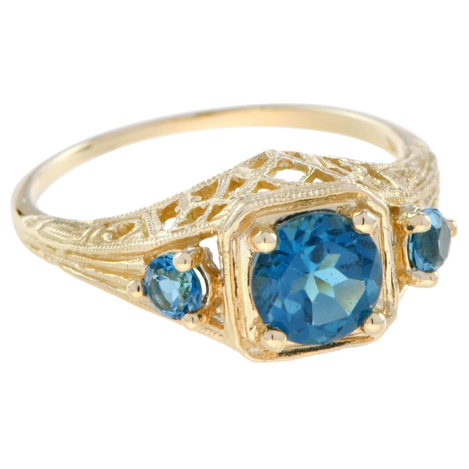 For Sale:  Natural London Blue Topaz Vintage Style Filigree Three Stone Ring in 9K Gold