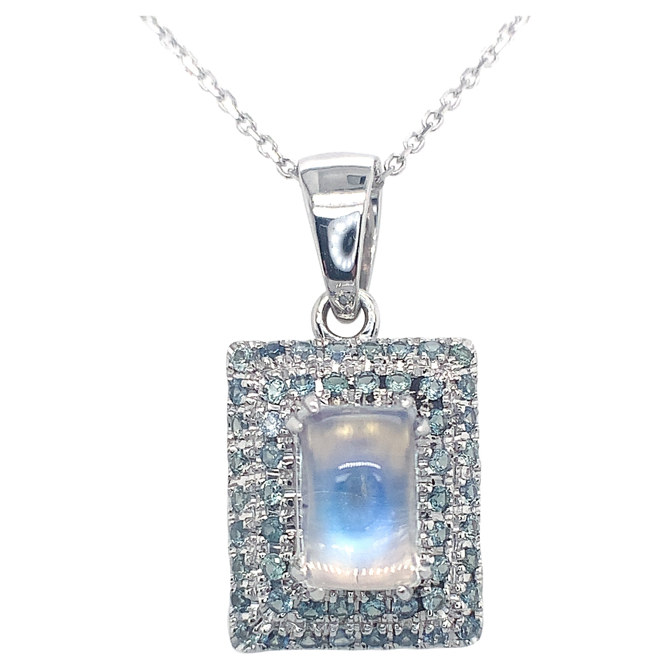 14K white gold Rainbow Moonstone and Teal Sapphire Pendant For Sale