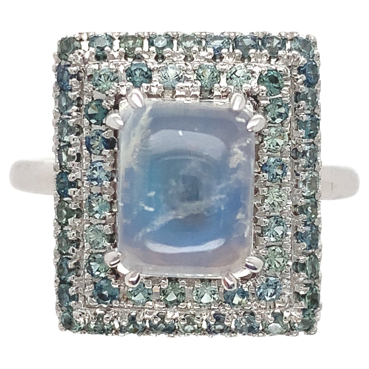 14K White Gold Rainbow Moonstone and Teal Sapphire Ring For Sale