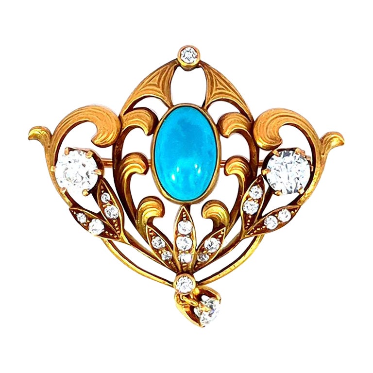 1.25 Carat Diamond and Turquoise Antique Pin 18K Gold For Sale